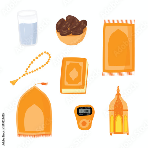 Ramadan prayer essentials illustration set in orange colors