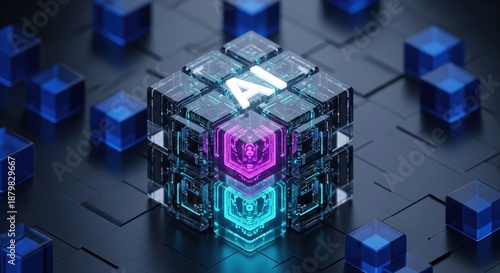 A glowing cube with AI lettering surrounded by cubes. A conceptual rendering of artificial intelligence.. Technology concept, futuristic innovation. .
