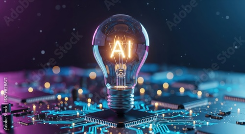 Lightbulb with AI on circuit board. A creative shot with high tech feeling. Artificial intelligence, machine learning, future technology.