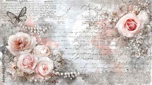 Elegant Valentine's Day junk diary illustrations, featuring a vintage handwritten calligraphy background paired with romantic watercolor splash effects, and delicate 3D lace and pearl details.