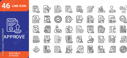 Set of document approval line icons featuring paper stamp checkmark and quality