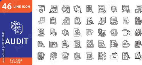 Set of business audit line icons featuring inspection review and analysis signs