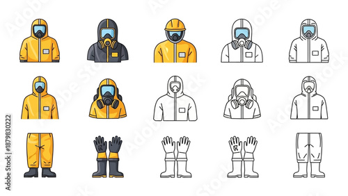 Collection of personal protective equipment icons including hazmat suits, respirators, helmets, gloves, and boots in both colored and outline styles.