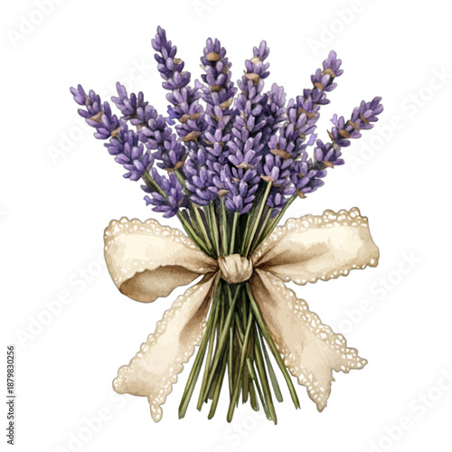 Watercolor Lavender Flower Bouquet with Lace Ribbon Illustration
