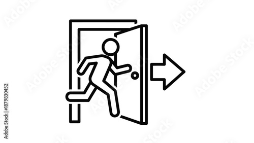 Line art icon of a stick figure running out of an open door with an exit arrow indicating departure or escape.