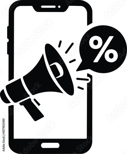 Mobile shopping discount announcement black and white vector smartphone with megaphone and percent icon for online store sale promotion