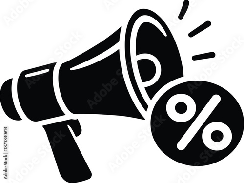 Black and white vector megaphone with percent symbol icon for store discounts and promotional sale announcement