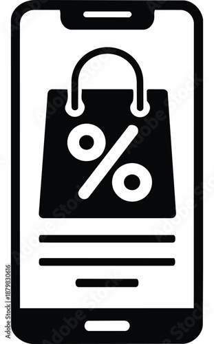 Black and white vector smartphone with shopping bag icon and percent sign for online store discounts and mobile sale promotions
