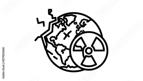 Line art illustration depicting a cracked Earth globe with a lightning bolt and a nuclear radiation symbol, representing global environmental disaster and nuclear threat.