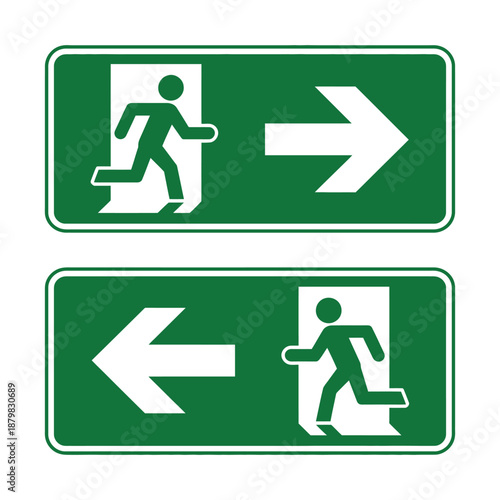 Emergency exit signs with arrows and human figures indicating directions  green and white icon