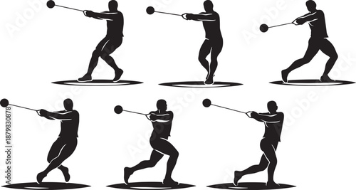Hammer Throw Athlete Motion Sequence Silhouette Set, Track and Field Sports Action Vector