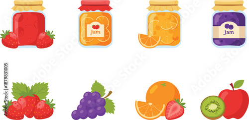 Colorful Hand-Drawn Jam Jar and Fresh Fruit Illustration Set Featuring Strawberry, Orange, Grape, Apple, and Kiwi in Vector Style