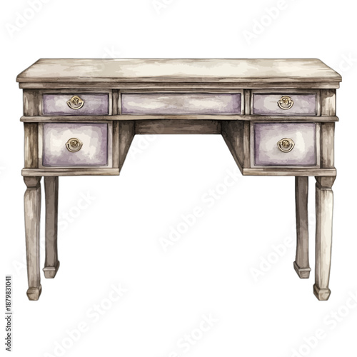 Watercolor Rustic French Country Writing Desk with Drawers
