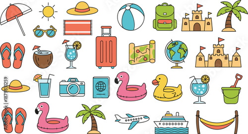 Colorful Vacation and Travel Icon Illustration Set Featuring Beach Items, Summer Drinks, Luggage, Maps, Transport, Sandcastles, and Tropical Elements