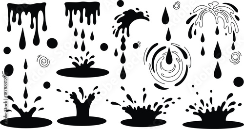 Black liquid splash and drip silhouette icon set featuring ink drops, paint splatters, puddles, and fluid motion shapes in bold minimalist style