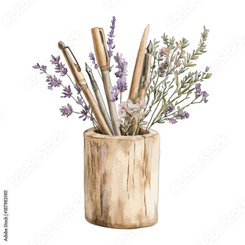 Watercolor Pens and Lavender in Rustic Wooden Log Holder Illustration

