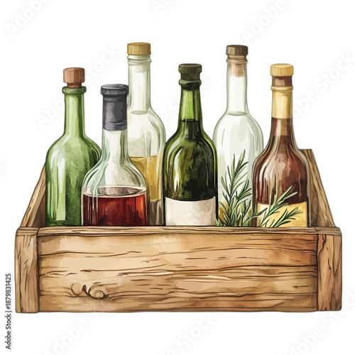 Watercolor Herbs and Flowers in Rustic Wooden Planter Box Illustration
