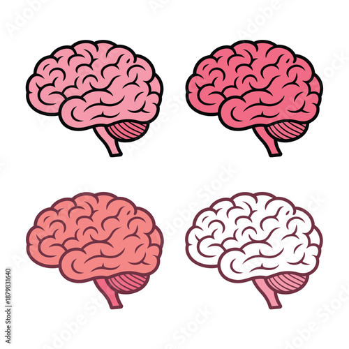 Four cartoon human brain illustrations in different pink and white colors icon