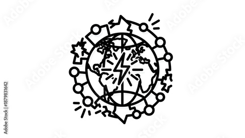 Global energy network icon with interconnected nodes and lightning bolt, symbolizing worldwide power distribution and technological connectivity.