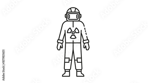 Line art icon of a person in a full protective suit with a radiation symbol on the chest.