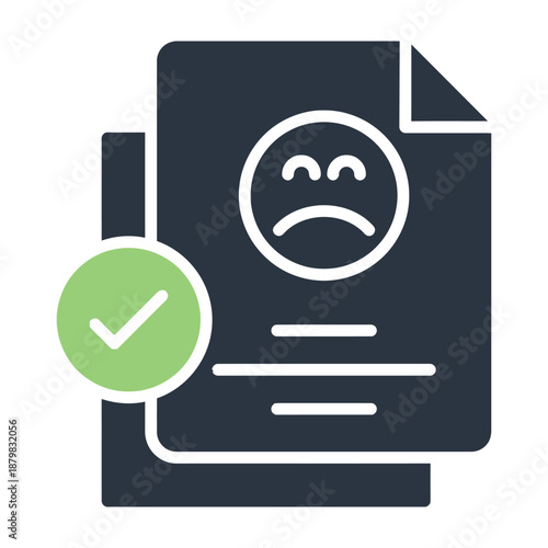 Sad face on document with green checkmark icon  rejected or failed concept icon