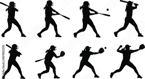 Softball player silhouette collection showing batting, pitching, and fielding actions for women sports, athletics, and competitive team game design concepts