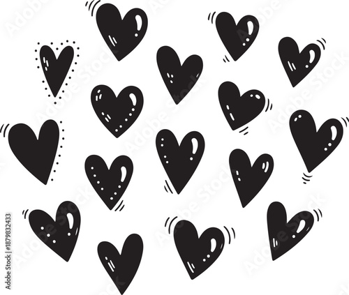 heart collection with textured effect - vector hand drawn romantic shapes in sketch style showing different strokes and filling patterns.