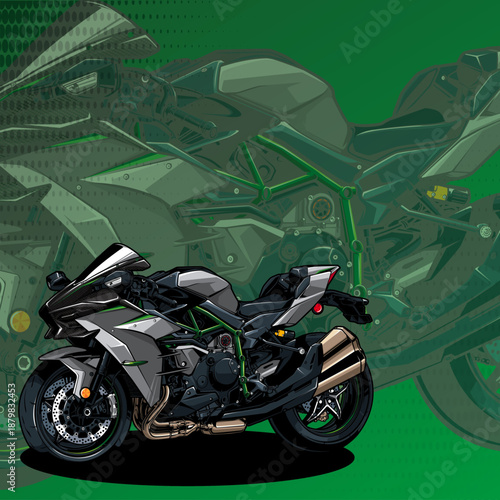 Stylized illustration of a powerful Kawasaki Ninja H2R supercharged sport motorcycle featuring sharp angular design details and prominent green frame accents against a subtle mechanical backdrop in de