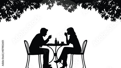 Romantic café silhouette scene with couple sitting at table under leafy tree canopy, enjoying coffee and conversation in peaceful black vector illustration style