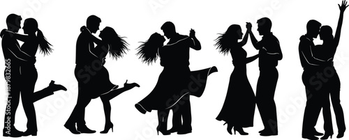 Romantic couple dance silhouettes in elegant poses, love and passion concept, partner ballroom dancing and celebration moments, relationship and romance theme, black and white illustration