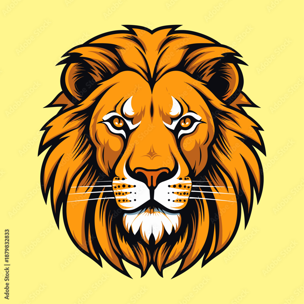 Obraz premium Majestic stylized lion head mascot design featuring bold orange and dark outlines with fierce expression perfect for esports teams or powerful branding graphics easily applicable to apparel