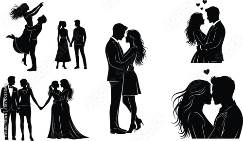 Romantic couple silhouettes collection showing love, intimacy and relationships, kissing, hugging and holding hands moments, wedding and dating concepts, black and white illustration