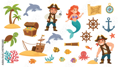 Fun Pirate and Underwater Adventure Illustration Set Featuring Pirates, Mermaid, Treasure Chest, Dolphin, Shipwreck, Island, Sea Creatures and Nautical Elements
