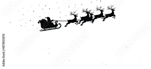 Santa Claus silhouette flying in sleigh with reindeer across snowy night sky, classic Christmas holiday scene in clean black vector illustration style