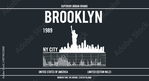 Retro Brooklyn NY City Skyline Graphic with Statue of Liberty and Abstract Bars.