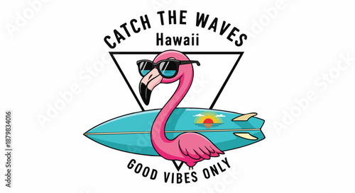 Retro Flamingo Surfer Riding Surfboard with Sunglasses and Sunset, Tropical Hawaii Vibe Design.