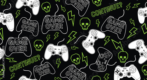 Retro Gaming Pattern with Controllers, Game Over Text, and Lightning Bolts.