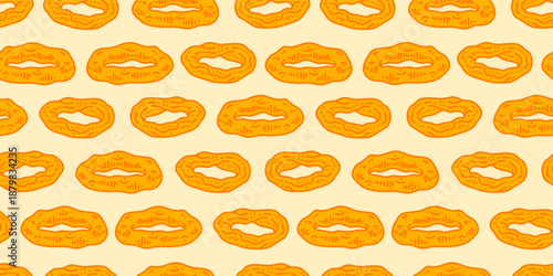 Fried onion ring pattern background. Onion ring doodle fried snack Street fast food pattern. fried onion ring seamless pattern background.