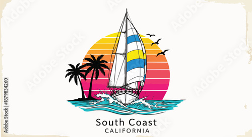 Retro Style Sailboat on Ocean Waves with Palm Trees and Sunset - South Coast California.