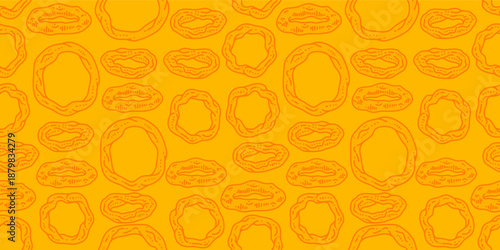 Fried onion ring pattern background. Onion ring doodle fried snack Street fast food pattern. fried onion ring seamless pattern background.