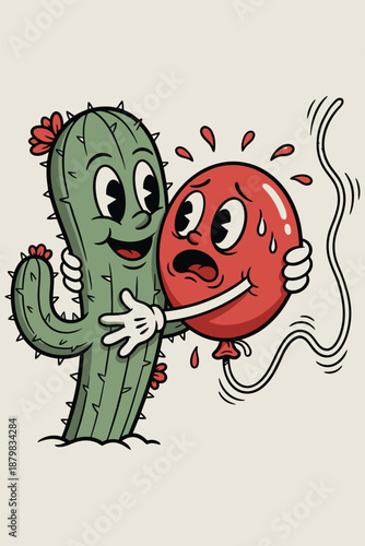 Anxiety and Humor in Rubber Hose Style Cactus and Balloon Character Art