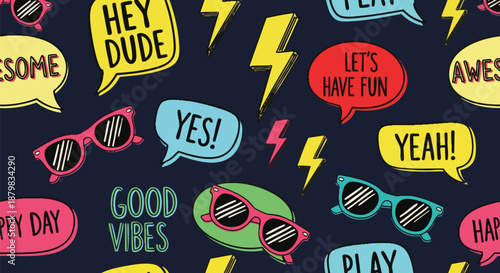 Retro Summer Vibes Seamless Pattern: Sunglasses, Lightning Bolts, and Fun Sayings on Dark Background.