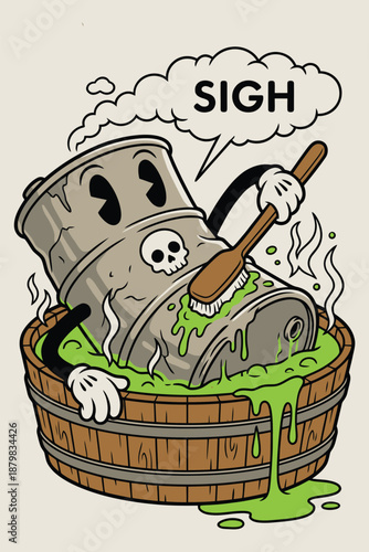 Vintage Rubber Hose Style Illustration of a Pollution Drum Character Cleaning Itself