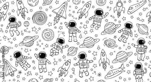 Seamless Pattern of Astronauts, Rockets, Planets, and Stars in a Cute Hand-Drawn Style.