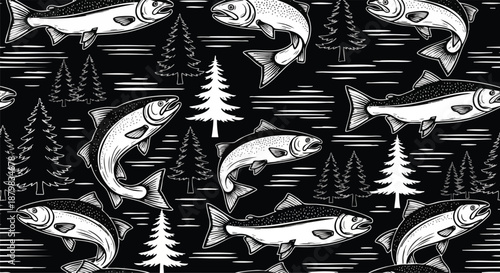 Seamless pattern of jumping salmon and pine trees on a dark background, vintage style illustration.