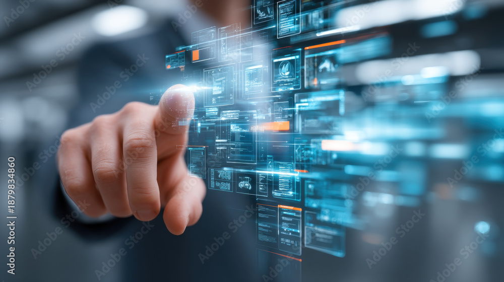 Fototapeta premium Businessman's finger touching a futuristic digital interface with glowing data screens. a complex holographic display, navigating through various data panels and information streams in a modern.