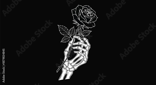 Skeleton Hand Holding a Rose Vector Illustration - Dark Aesthetic, Gothic Romance, Symbol of Death and Beauty.