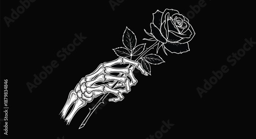 Skeleton Hand Holding a Rose Illustration on Black Background, Gothic Style.