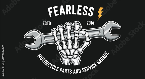 Skeleton hand holding a wrench, representing fearlessness and the expertise of a motorcycle repair and service garage.