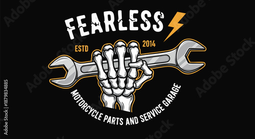 Skeleton Hand Holding Wrench for Motorcycle Repair and Customization Service Garage.